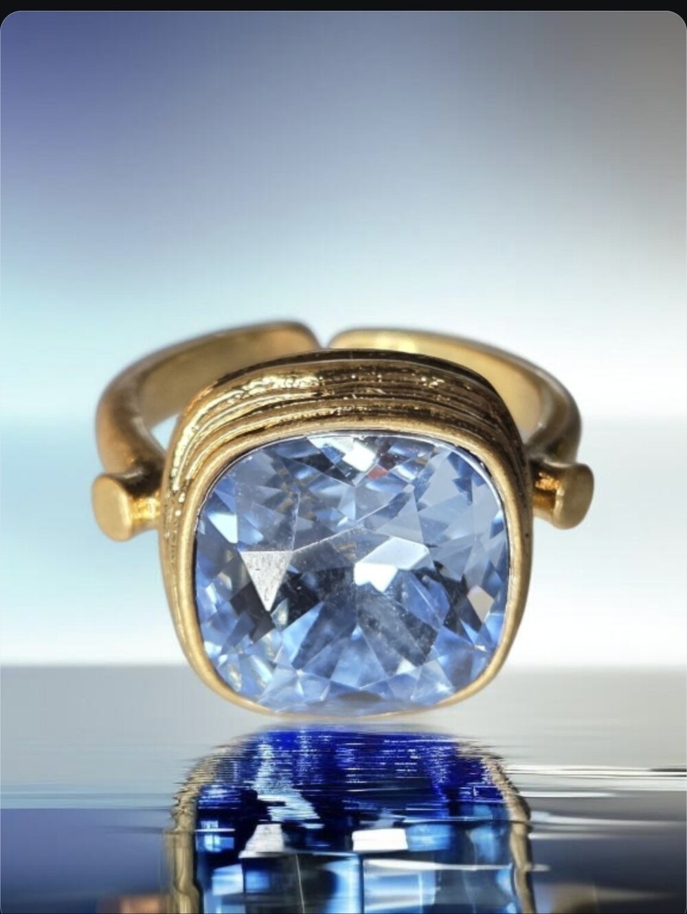 18k Gold Plated Luxury Byzantine Revival Icey Blue Aquamarine Bevel Crystal Ring - Picture 2 of 6